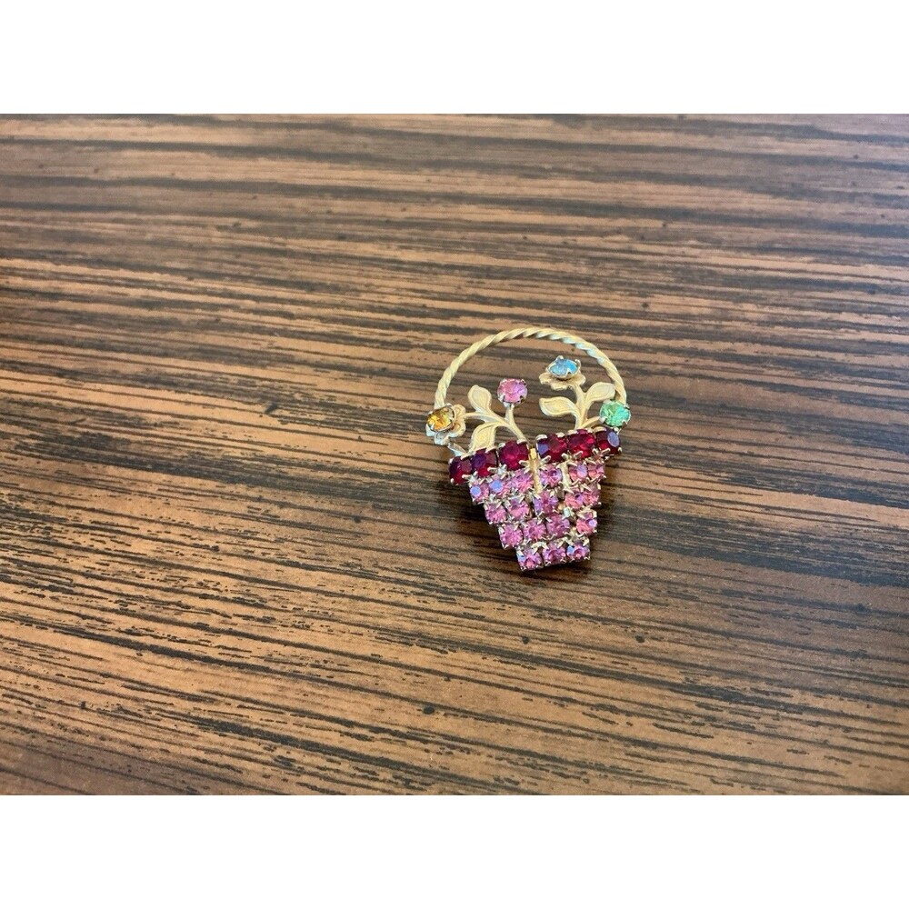 Vintage 1960's Flower Basket Brooch, Gold Tone, Pink Rhinestones